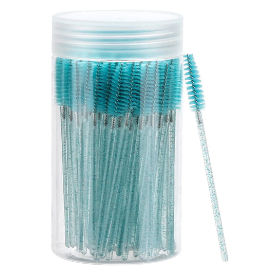 100 Pcs Disposable Mascara Wands, Crystal Eyebrow Spoolies Brush for Eyelash Extensions, Lash Brushes with Container (Blue) Blue